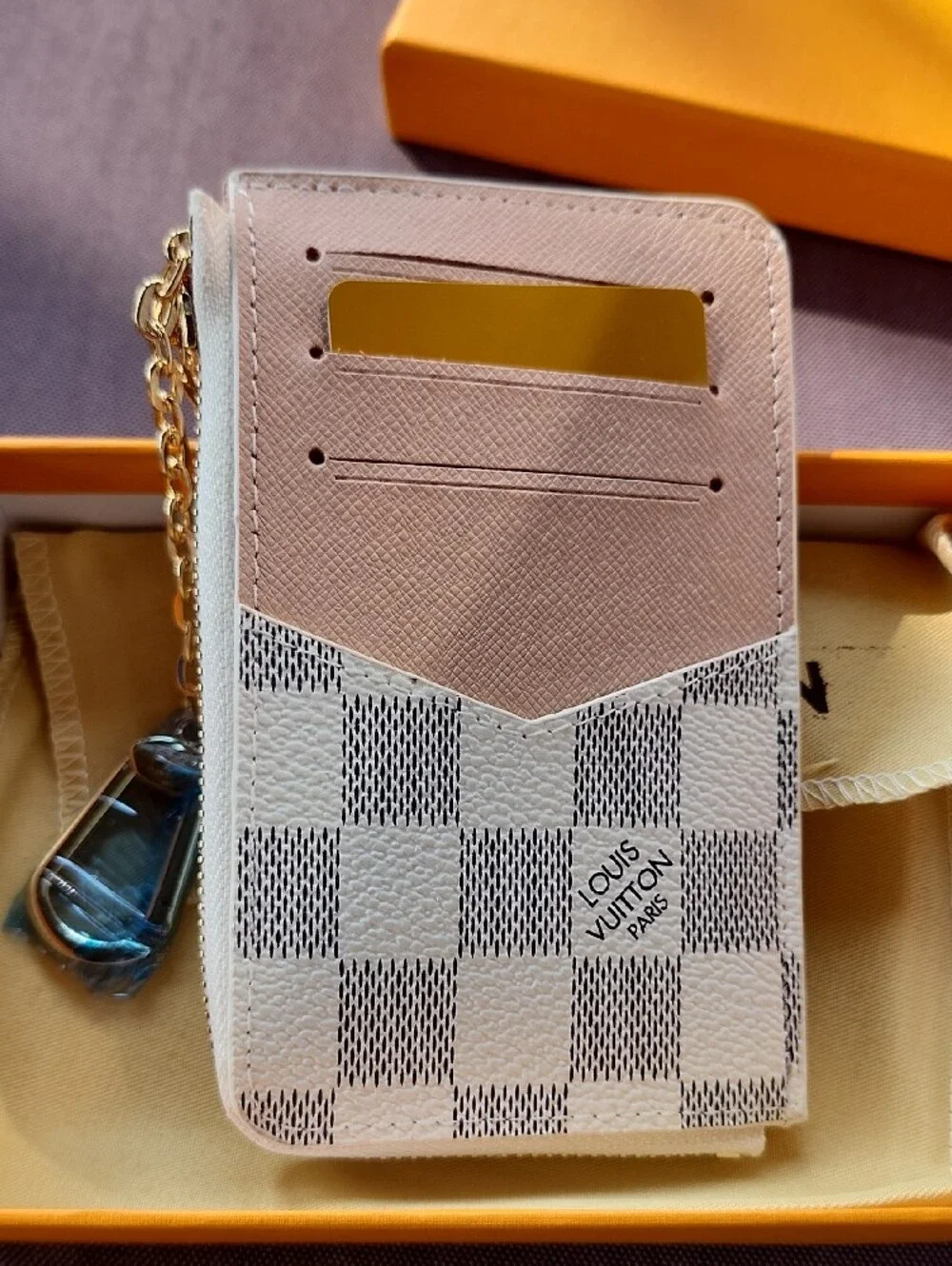 Designer White Checkered Wallet with Pink Snap and Gold Chain